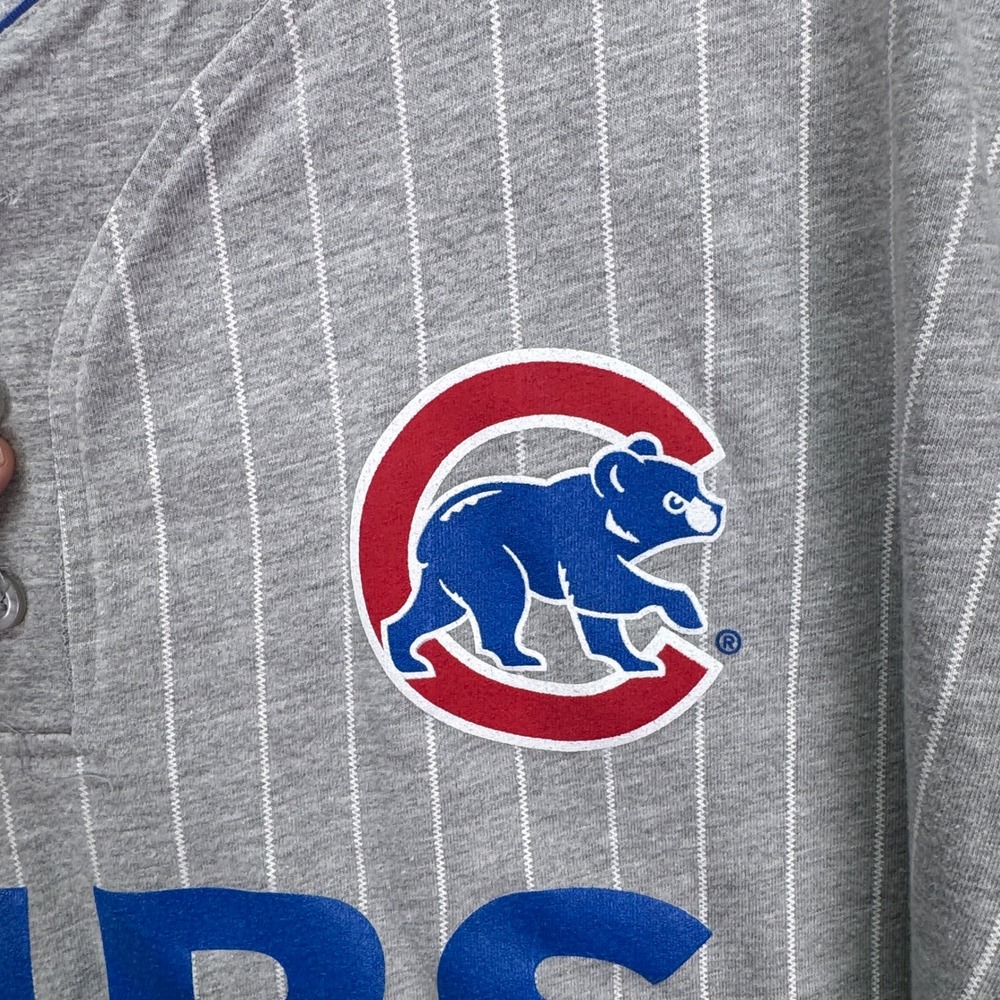 Chicago Cubs Jersey Mens XLT Gray Pinstripe Majestic MLB Baseball Henley Shirt - Picture 4 of 9